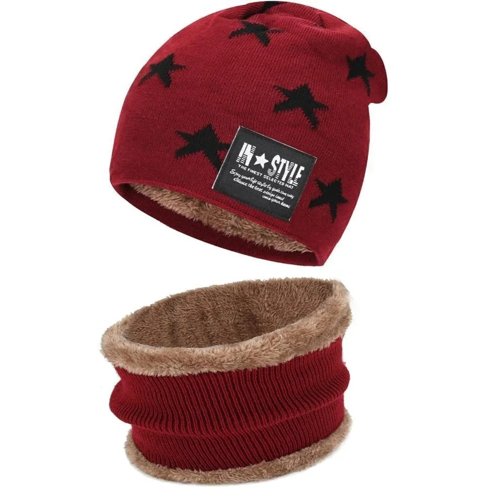 Kids Boys Girls  Winter Warm Knit Beanie Hat Cap Neck Scarf Set with Fleece